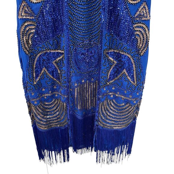 Unique Vintage Royal Blue Flapper Mini Dress S Beaded Sequin Fringe NWT - Picture 10 of 10